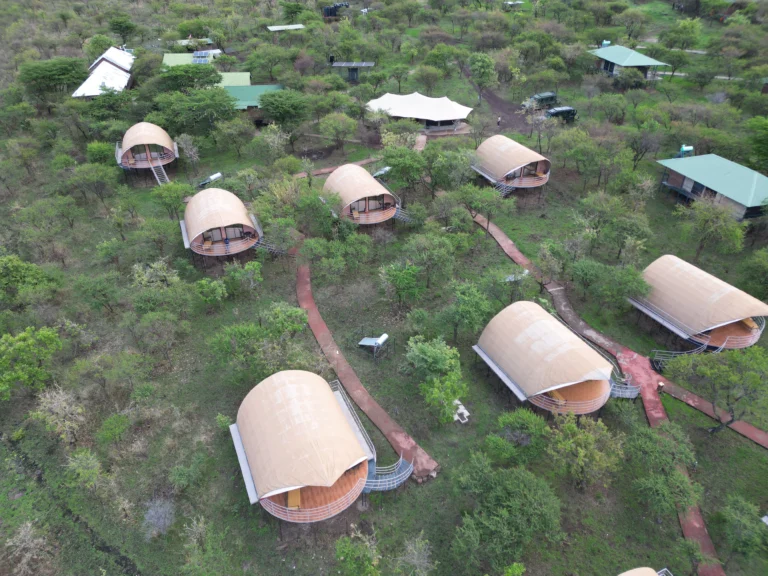 Aerial view of luxury eco-lodge suites nestled in the lush green landscape of the Ngorongoro Conservation Area, Tanzania.